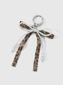 ROMWE Kawaii 1 chiếc móc khóa/móc túi đính hạt ngọc trai giả màu trắng thủ công chất lượng cao, họa tiết da báo nâu, nơ ruy băng nhung, phong cách Hàn Quốc sang trọng và thời trang, thích hợp cho phụ nữ, đeo hàng ngày hoặc làm quà tặng - màu nâu - Xem 7