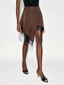 Maija 女士不对称蕾丝边半身裙，时尚百搭，适合都市通勤、商务休闲、办公室穿着、教师装扮，也适合圣诞节、新年派对、婚礼宾客等场合。 - 棕色 - 查看 4