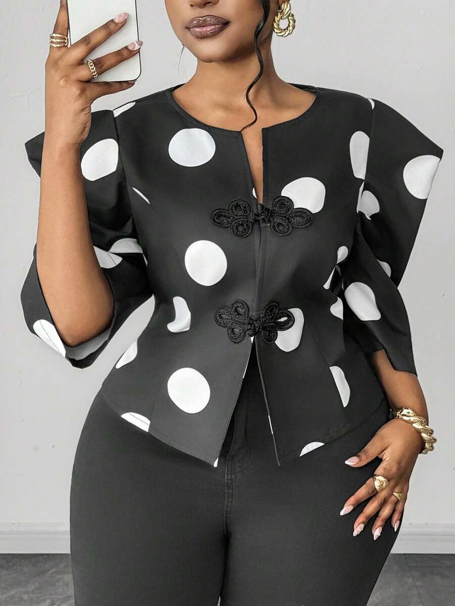 Maweii Große Größen Retro Chinesischer Stil Lässig Polka Dot Muster Hemd - Schwarz - Übersicht 1
