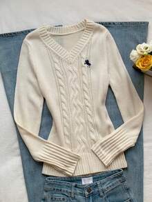 SHEIN EZwear 女式 V 领长袖修身休闲毛衣，日常穿着，秋冬季上学上衣