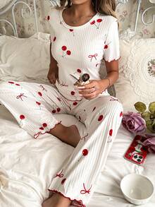 SHEIN 女士睡衣套装，罗纹面料，蝴蝶结装饰，可爱樱桃印花短袖上衣和长裤。 - 白色 - 查看 8
