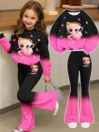 SHEIN Young Girl Casual Loose Fit Crew Neck Long Sleeve Sweatshirt Set, 2pcs Suitable For Autumn/Winter, Cozy Season, Christmas Vibes, Autumn & Winter Outfits , Easy Comfort, Autumn & Winter Layers For Girls, Stylish Girls, Casual Wear, Kids Graphic Clothes, Fall & Winter Clothes, Chic Autumn, Fall New Style