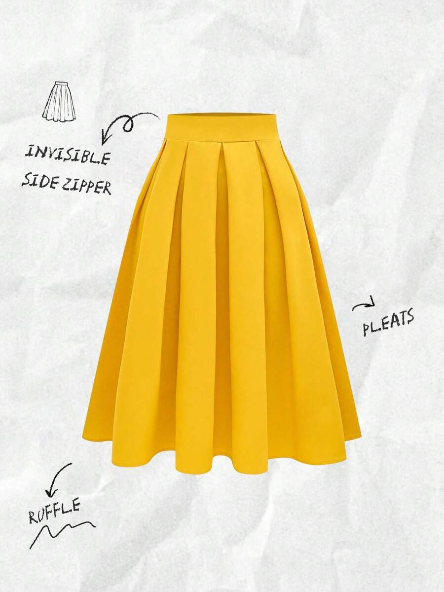 Franclia Women's Casual Simple Versatile Pleated A-Line Skirt, Spring/Autumn - Yellow - View 1