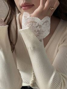 DAZY 女士蕾丝拼接袖口修身毛衣 - 黃色 - 查看 6