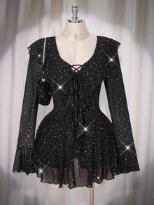 SHEIN ICON 大码女式亮片网纱印花V领荷叶边迷你连衣裙，Y2K风格，适合秋季、约会之夜，性感迷人，女士秋季连衣裙，优雅女式连衣裙 - 黑色 - 查看 1