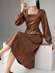DAZY Vestido de mujer elegante de unicolor de piel de PU con cuello cuadrado plisado de longitud media, otoño/invierno - Caqui - Ver 3