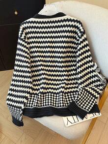 GlowEve CURVE Áo khoác cardigan dệt kim kẻ sọc màu tương phản thường ngày dành cho nữ, dáng rộng, tay dài, cỡ lớn, thu/đông - màu đen - Xem 2