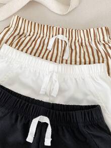SHEIN Playful Pals 3pcs Baby Boys Toddler Infant Kids Casual Basic Simple Fashion Brown Striped Pattern And White Black Solid Color Elastic Waist Drawstring Pocket Shorts Shorts Bottoms Trousers Soft Clothes For Daily Wear School Park Play Outdoor Summer Spring Baby Summer Shorts Baby Boy Shorts Pack Toddler Boy Clothes For Summer 3 Piece Babyboy Short - Multicolor - View 3