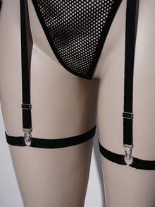 SHEIN Conjunto de 6 piezas de lencería sexy de talla grande con rejilla clásica, parte delantera calada y sujetador con aros - Negro - Ver 9