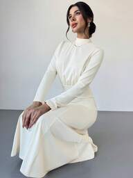  Firerie Damklänning med Elegant Långärmad, Texturerad Jacquardstickad, Höst/Vinter/Enkel, Mångsidig, Avslappnad Klänning/Höst/Vinterklänning/Avslappnade Långklänningar/Elegant Klänning*Aprikosfärgad Klänning med Åtsittande Midja