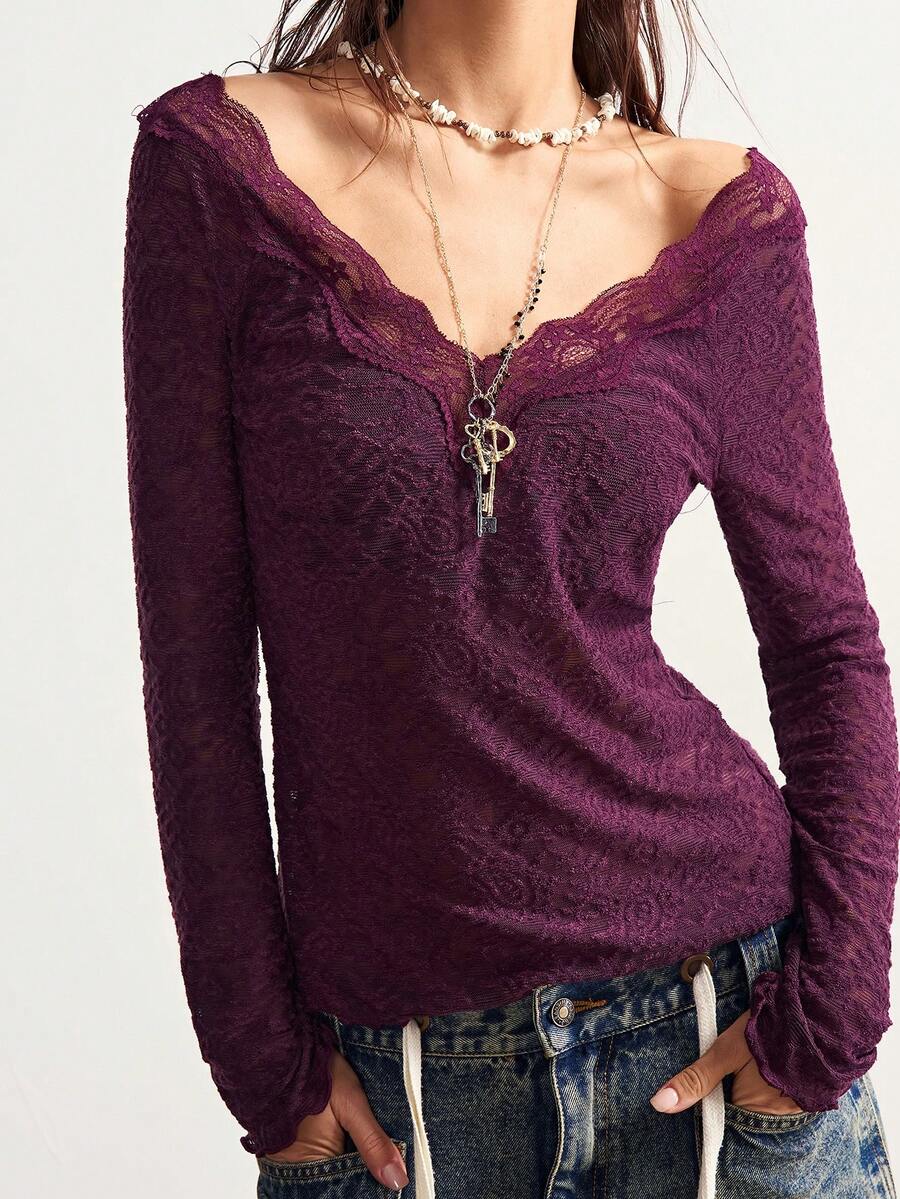 Bohemela V领长袖蕾丝纹理上衣，适合冬季、新年、圣诞节、情人节、音乐节、派对等场合穿着。 - 紫色 - 查看 1
