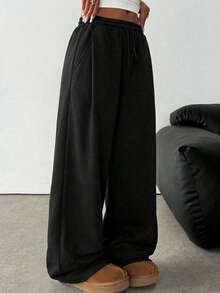 SHEIN 少女纯黑色针织宽松休闲抽绳口袋阔腿运动裤 - 黑色 - 查看 6