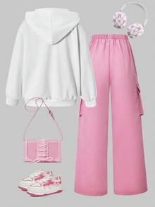 SHEIN ChillGRL 2 Stücke/Set Grafik-Muster Hoodie Sweatshirt und Cargo Hose mit elastischem Bund für Kleine Tween Mädchen - Pink - Übersicht 2