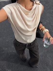 Siren Gaze Women Elegant Beige Summer Office Sleeveless Top,Pearl Pleated Chiffon Blouse,Fashionable Draped Cowl Neck Shirt,Modest Chic Teacher Things Cream Top - Apricot - View 4