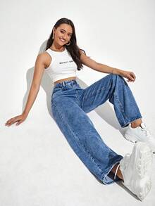 SHEIN ICON 女士口袋宽松阔腿休闲百搭牛仔裤 - 中等水洗藍 - 查看 5