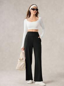 OutZeal Women Sports Pants Daily Casual Lounge Quick-Drying Buttery Soft Knitted High Waist Straight Legs With Pockets - Black - View 5