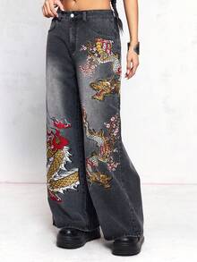 ROMWE Quần jean ống đứng dáng dài Y2K cỡ lớn, thêu họa tiết Trung Hoa mới của J-FASHION - màu đen - Xem 4