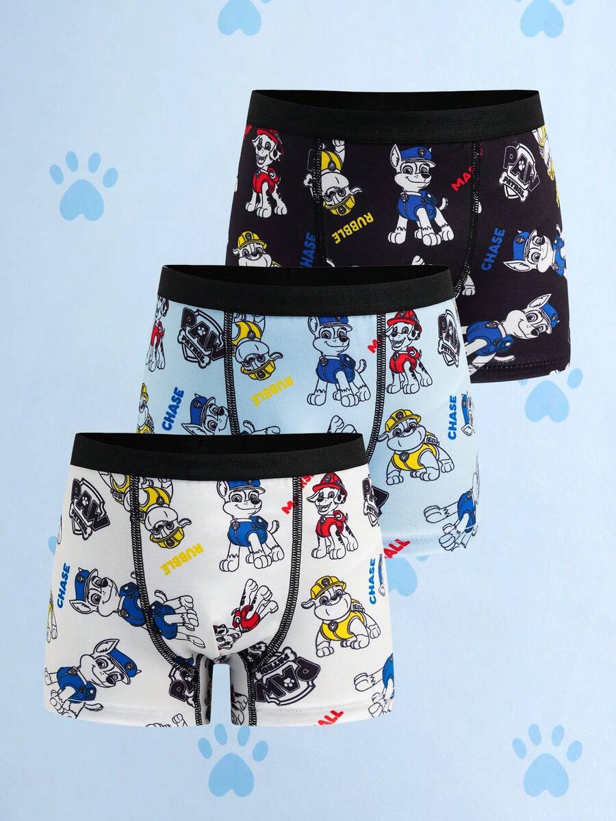 SHEIN | PAW Patrol Young Boy 3pcs Cartoon Pattern Cute & Comfortable Trunks