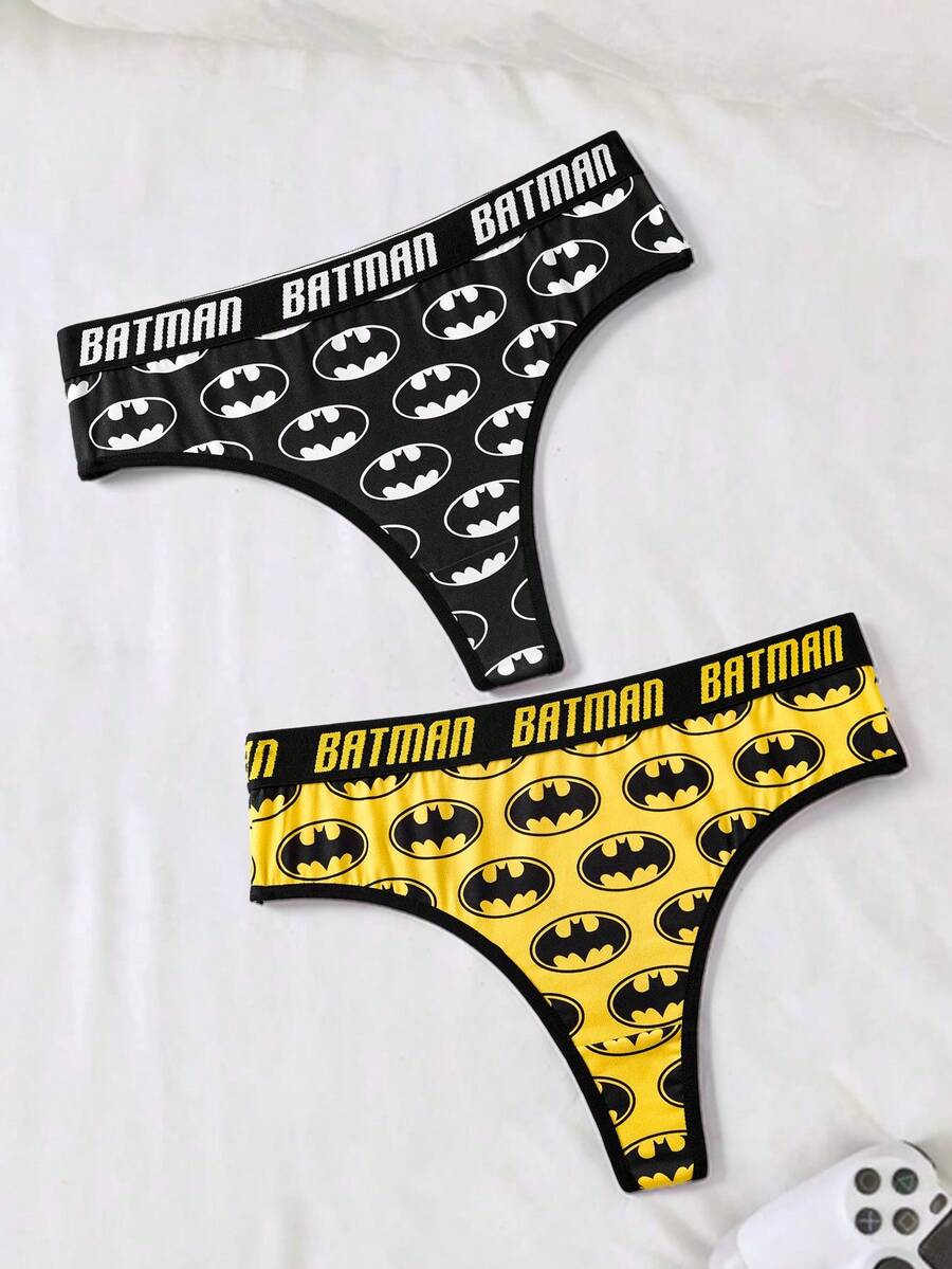 BATMAN X SHEIN Women's Comfortable Soft Bat & Letter Print Thong Panties - Yellow - View 1