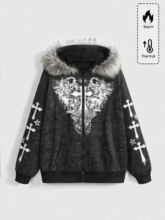 Fairycore Felpa con cappuccio e chiusura lampo, con strass a forma di croce e ali, stile oversize, taglie comode per donne di taglia comoda