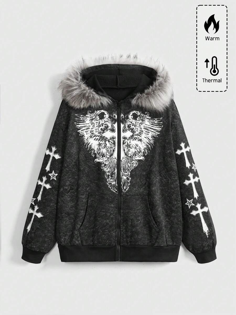 ROMWE Fairycore Plus Size Women Distressed Cross & Wing Rhinestone Zip-Up Sweatshirt, Loose Fit - Black - View 1