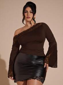 SHEIN BAE Áo hở vai ren bất đối xứng tay dài màu đen cỡ lớn cho nữ - Cà phê nâu - Xem 2