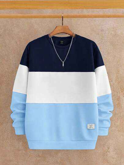 HIMLAND Men's Crew Neck Color Block Casual Pullover Sweatshirt, Versatile For Commuting, Autumn/Winter Jersey Sweatshirt Men Sweatshirts Pullovers Men Sweatshirt Blue Sweatshirt Blue Sweatshirt