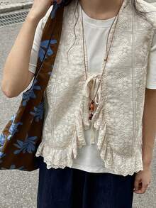 FRIFUL Summer New Solid Color Lace-Up Bow Tie Patchwork Sheer Lace Fabric Layered Casual Versatile Tank Top - Beige - View 8