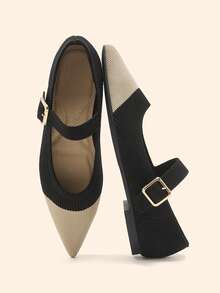 CUCCOO BASICS Bailarinas de mujer de punta fina de material de punto negro y beige, cómodas y transpirables, versátiles para uso diario y de oficina - Negro - Ver 3