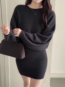 DAZY 女士休闲宽松修身毛衣连衣裙 - 深灰色 - 查看 4