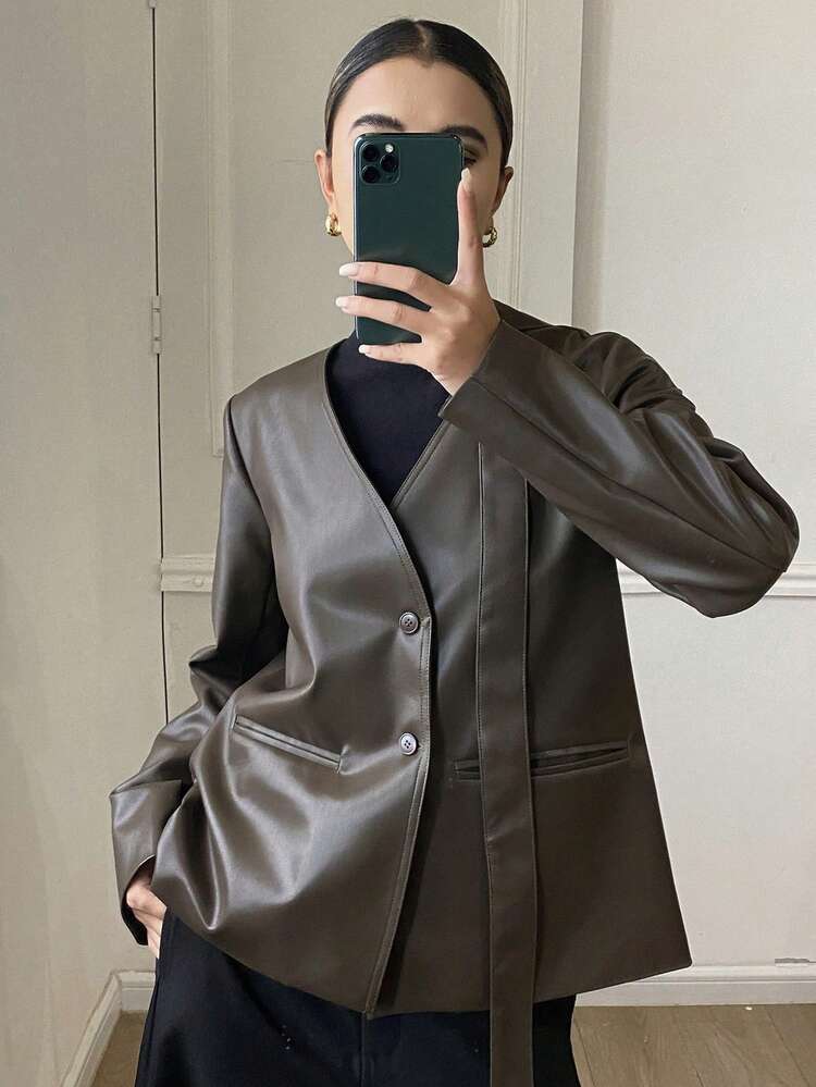 Women's Casual Solid Color PU Leather V-Neck Belt Pocket Jacket, Autumn/Winter