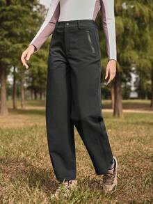 In My Nature Black Long Cargo Outdoor Pants For Women Woven Fabric Plain With Zipper - Black - View 6
