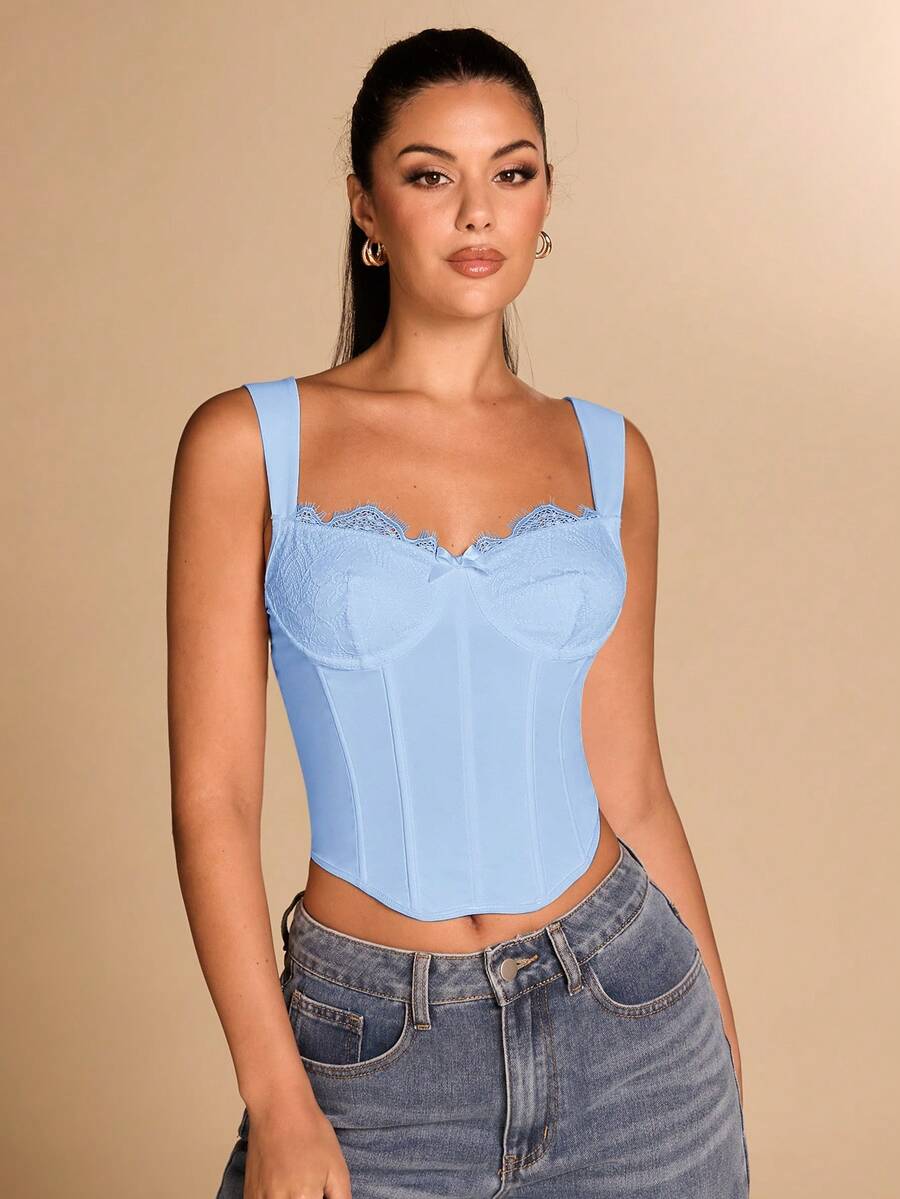 SHEIN BAE Women's Lace Patchwork Bra Camisole With Curved Hemline - Baby Blue - View 1