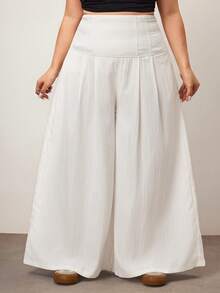 Hourglow Plus Size Casual Solid Color Textured High Waist Loose Pants/2026 /New Year - White - View 5
