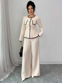 Elenzga 秋冬新款长袖粗花呢圆领收腰A字优雅通勤百搭衬衫裤两件套 - 杏色 - 查看 6