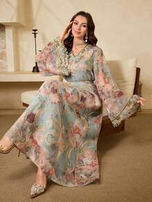 Al Najma 女士极简印花V领长袖阿拉伯风格连衣裙 - 粉色 - 查看 7