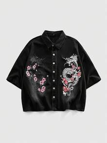 ROMWE MEN Street Life 男士前开襟时尚夏季百搭衬衫，花卉龙纹印花牛仔上衣 - 黑色 - 查看 9