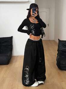 Coolane 女士夏季街头服饰外出休闲运动基本款法国灰色松紧腰直筒裤 - 黑色 - 查看 5