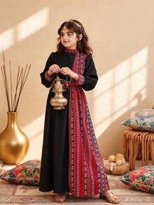 Tween Girl Traditional Vintage Geometric Print Patchwork Dress - Multicolor - View 8