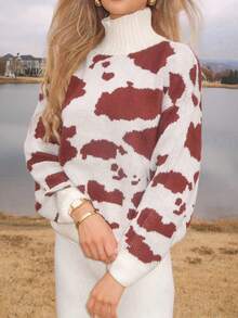 Sydney Algeri Nouveau pull marron automnal pour femmes Vêtements Old Money Automne Pull décontracté pour femmes à col montant avec texture de lait, Pull vache imprimé automne/hiver marron pour femmes, Pull d'hiver pour femmes, Pull automnal, Top imprimé léopard