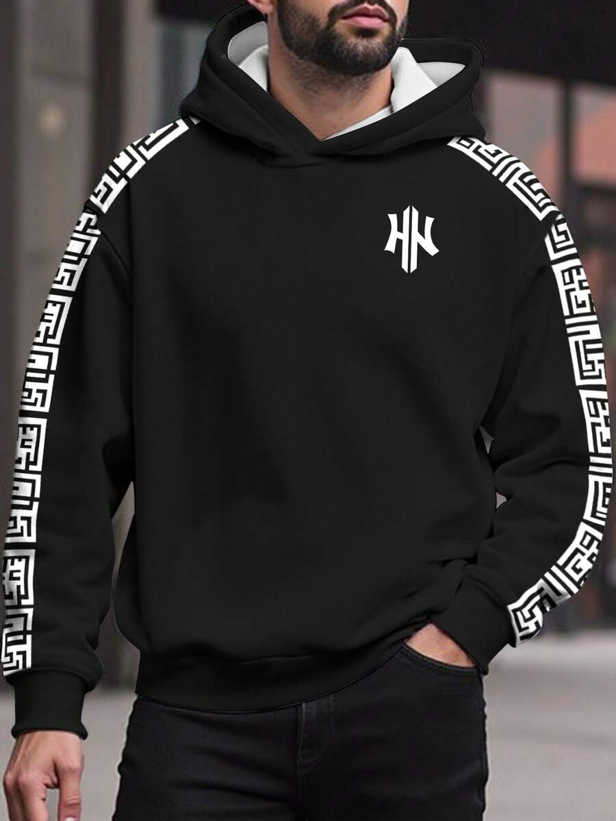 Manfinity Homme 男士大码几何印花连帽衫，秋冬季休闲款 - 彩色 - 查看 1