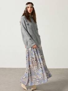 MYSTAURA Casual Round Neck 3D Floral Loose Knit Sweater, Autumn/Winter - Grey - View 4