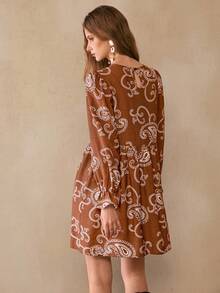 Florisole Women's Casual Loose Bohemian Embroidered Paisley A-Line Mini Dress, Spring/Autumn - Coffee - View 2