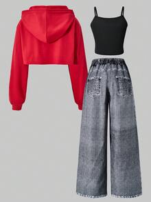 SHEIN ChillGRL 3件套街头酷炫休闲少女宽松牛仔印花裤、露脐吊带背心和长袖连帽衫套装，时尚