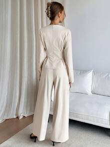 Siren Gaze Elegantes 2-teiliges Damen-Set aus apricotfarbenem Leinen, tailliertes Langarmhemd mit Rundhalsausschnitt & Hose mit geradem Bein, herbstlicher Casual-Anzug für Damen-Brunch - Aprikosenfarben - Übersicht 2