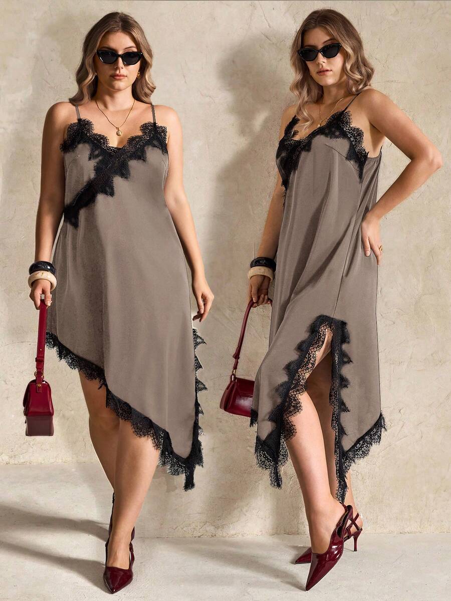 SHEIN Clasi Gaun Wanita Ukuran Besar Gaya Urban Kasual Sehari-hari dengan Hiasan Renda Asimetris di Bagian Bawah, Leher V, dan Patchwork Warna Polos - Khaki - View 1