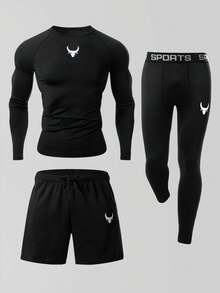 Manfinity Sport Polished 男式公牛印花插肩长袖T恤、短裤和紧身裤运动套装 - 黑色 - 查看 9