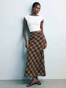 Maija Women's Fashion Plaid Skirt, Suitable For Commuting Brown Plaid Skirt Long Skirt Plaid Skirt Women Long Brown Skirt Checkered Skirt - Multicolor - View 2