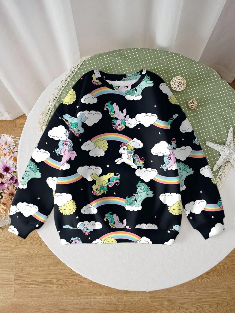 My Little Pony X SHEIN Tween Girl Casual Horse Print Crew Neck Sweatshirt, Autumn - White - View 1