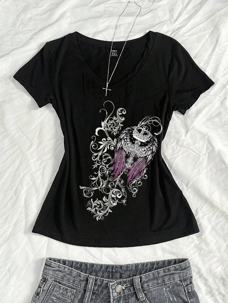 StreetHx Camiseta de mujer de verano de corte slim con cuello en V, estampado de cruz y alas de subcultura punk anime, de manga corta y cuello en V - Negro - Añade 1